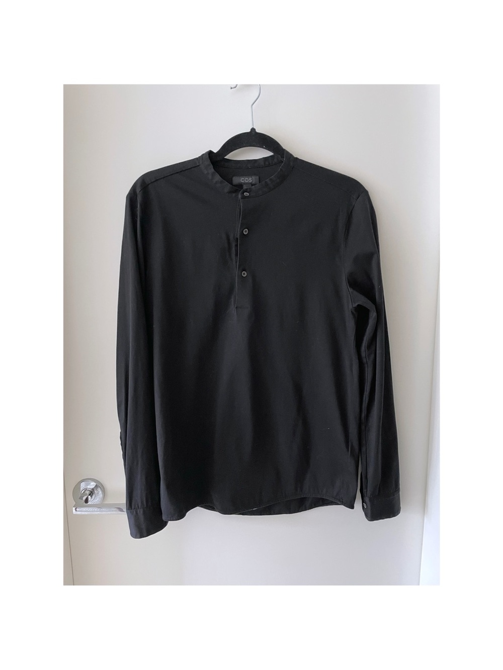 COS mens jersey mandarin collar long sleeve shirt in black